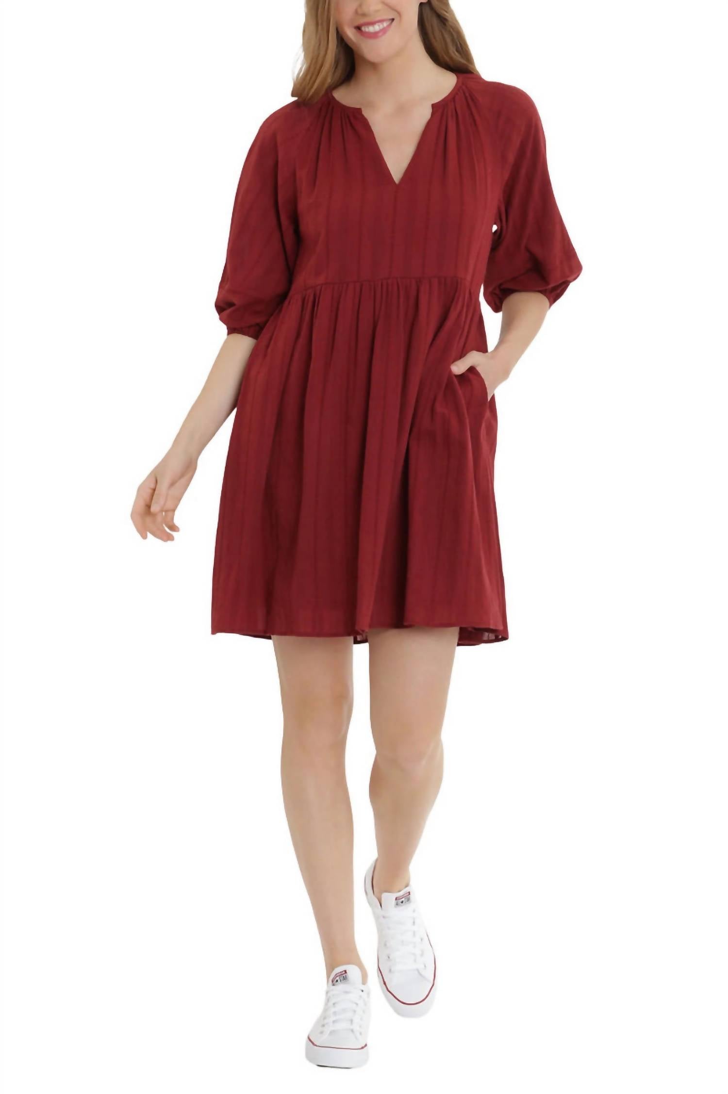 London Times - V-neck With Elastic Hems Short Blouson Cotton Dress