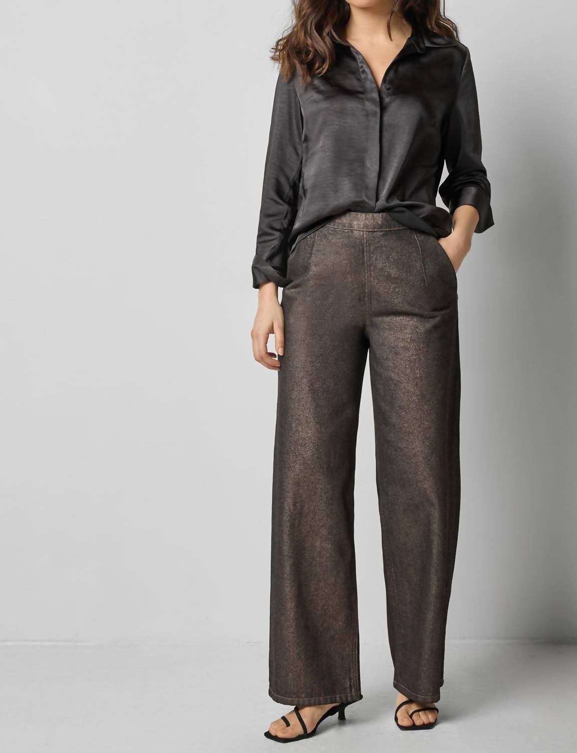 Lilla P Satin Button Down Shirt in black - women's shirt - detail view