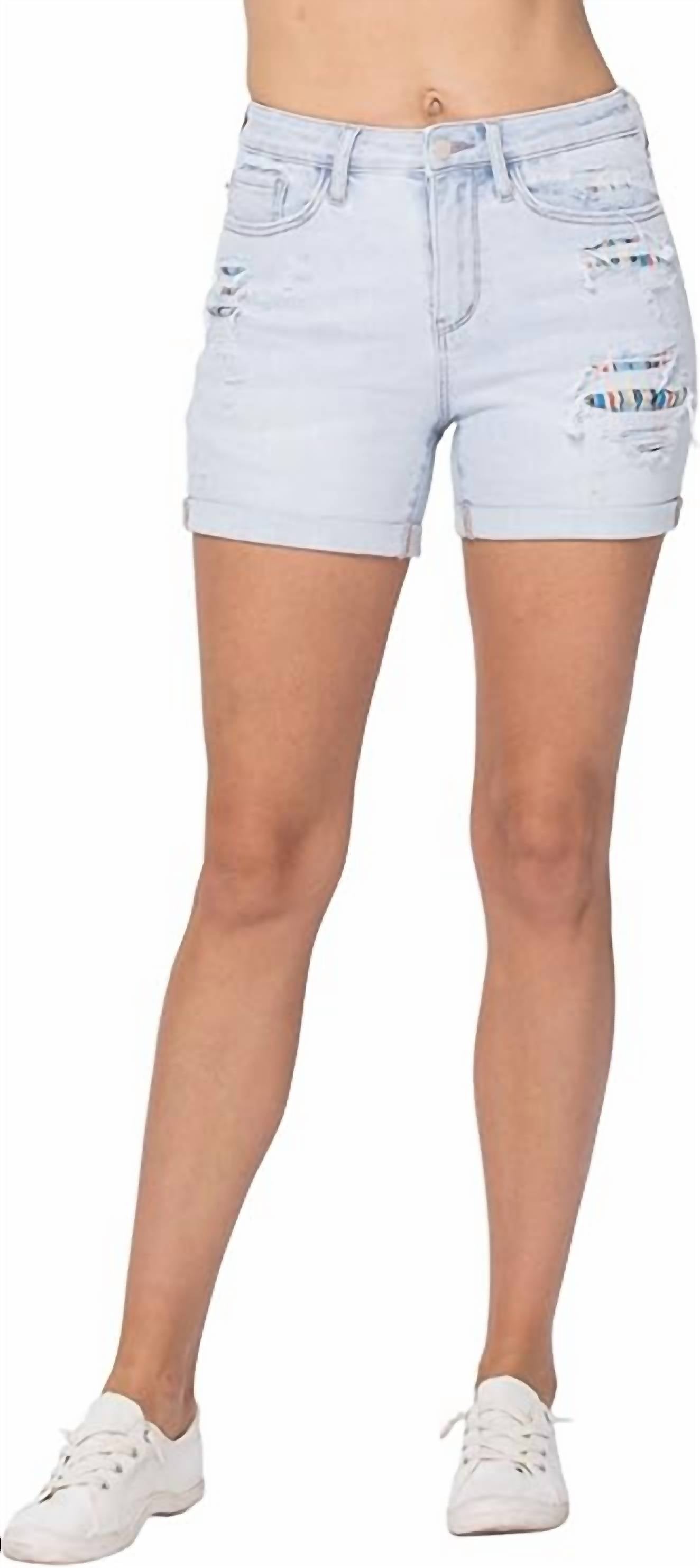 Judy Blue High-rise Cuffed Printed Lining Shorts in light blue 1 - women's shorts