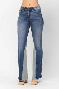 Judy Blue Mid Rise Inseam Panel Flare Jeans in blue - women's jeans - detail view