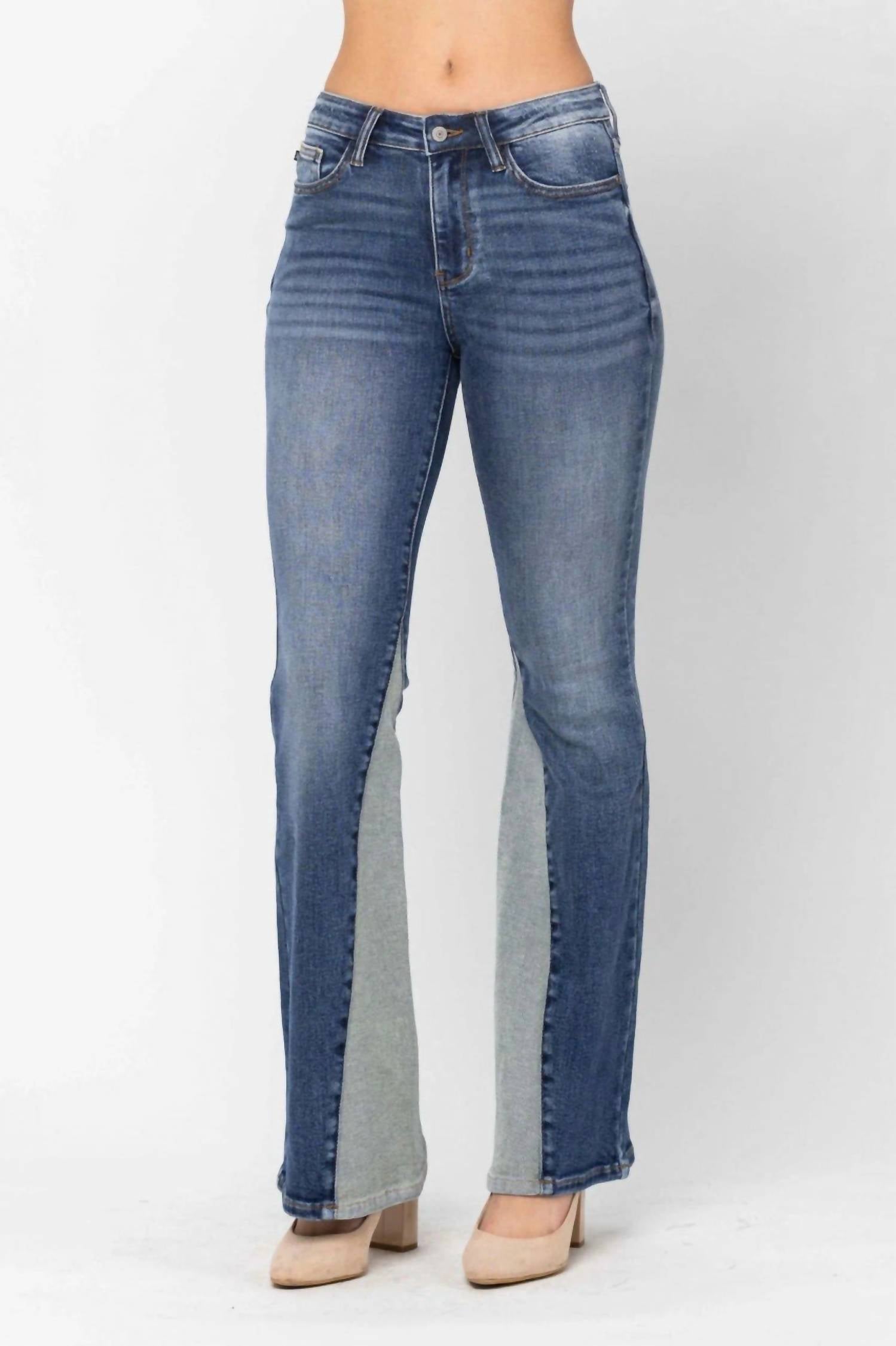 Judy Blue Mid Rise Inseam Panel Flare Jeans in blue - women's jeans - detail view