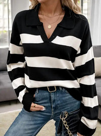 Anna-Kaci Amika Striped Collared Sweater in black white - women's sweater