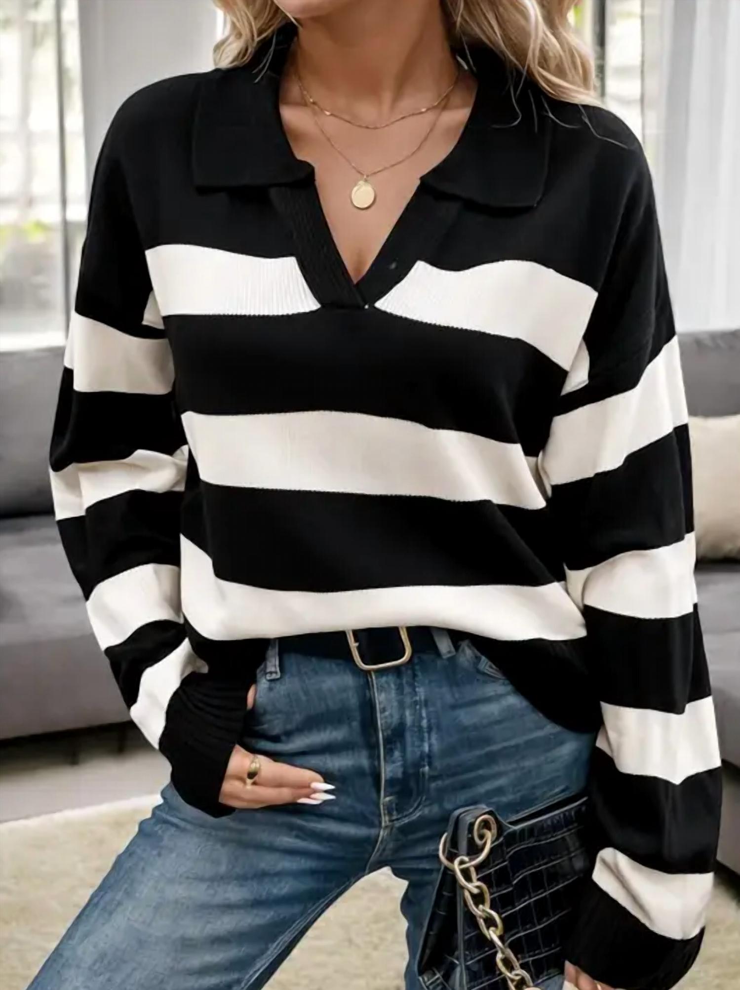 Anna-Kaci Amika Striped Collared Sweater in black white - women's sweater