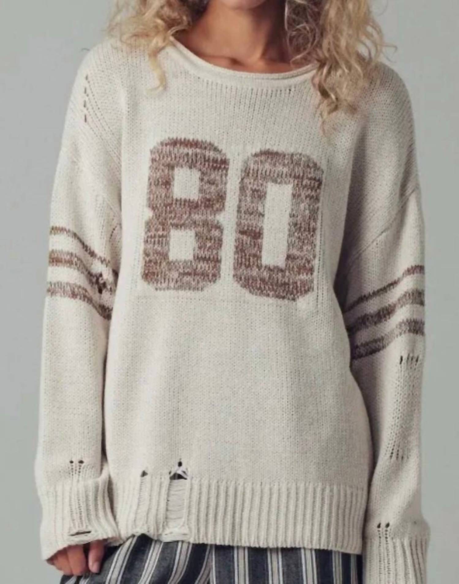 Urban Daizy - Varsity 80 Distressed Knit Pullover Sweater