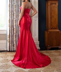 Rachel Allan Strapless Thigh-high Slit Prom Gown in red - women's dress - detail view