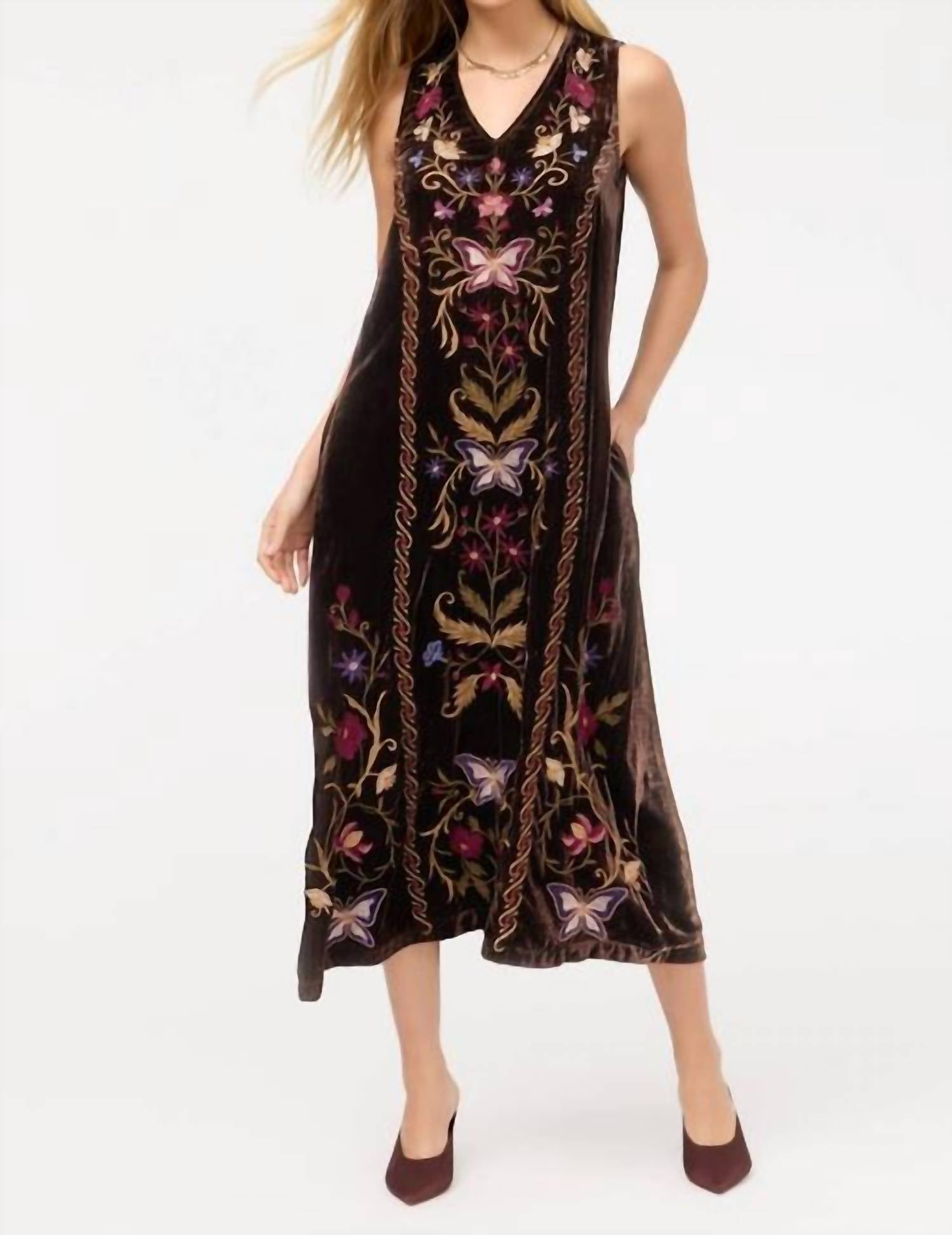 johnny was velvet dress Johnny Was Women's Velvet V-Neck Tank Top Dress in Brown, Size XS, Floral