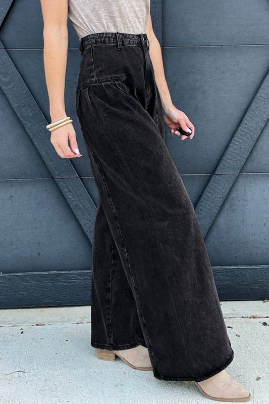Umorger - Pleated Wide Leg Denim Pants