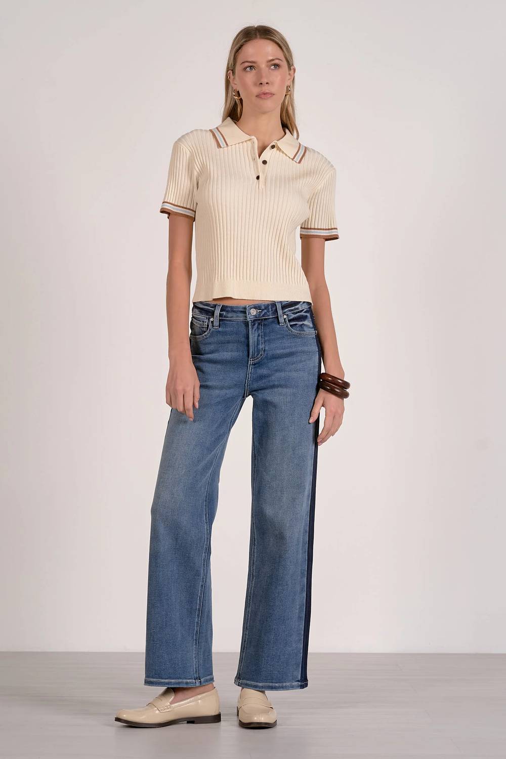 Elan - Ribbed Collared Short Sleeve Sweater