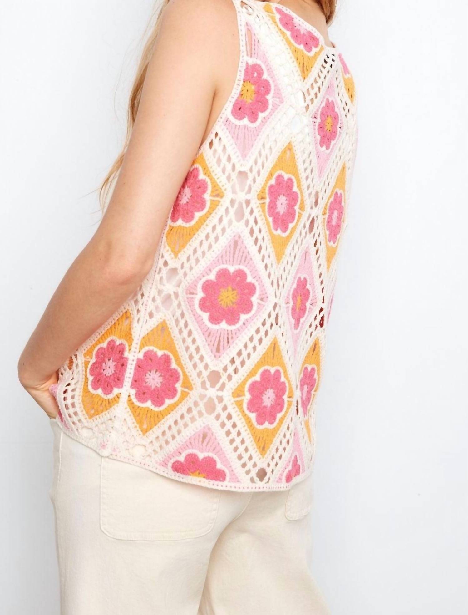 CHARLIE B Floral Sleeveless Crochet Cotton Blend Top in apricot - women's tank top - alternate view