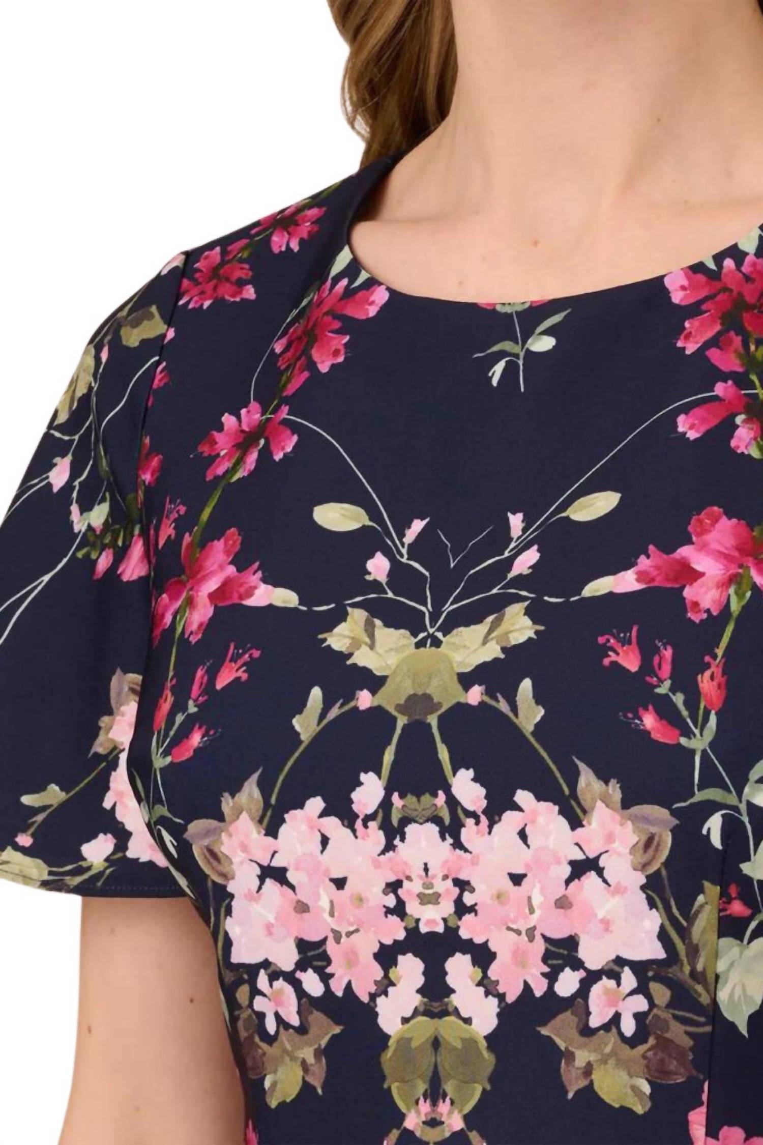 Adrianna Papell - Floral Print Crepe Midi-length Sheath Dress