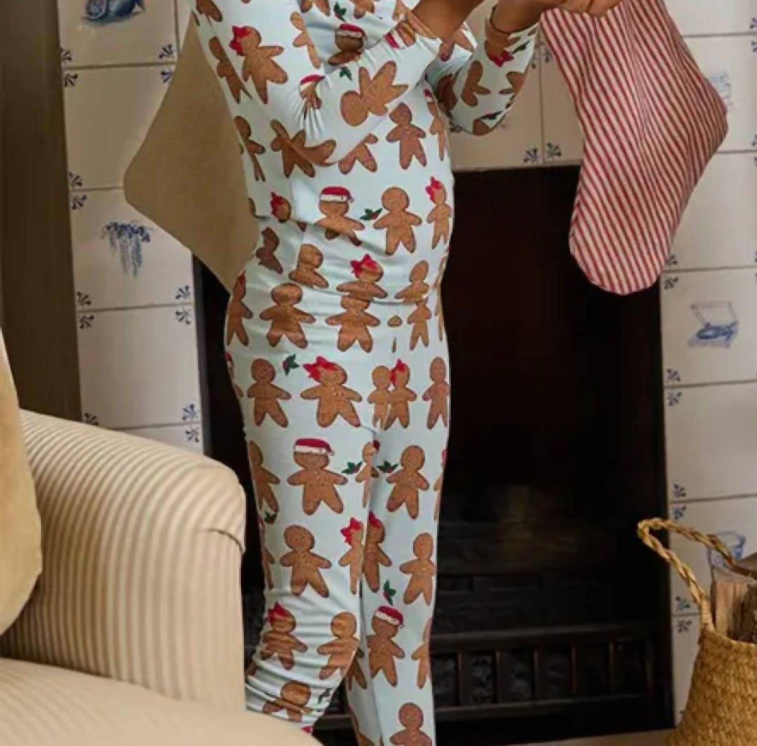 PINK CHICKEN Kid's Bamboo Pajama Set in light blue gingerbread - kids' sleepwear