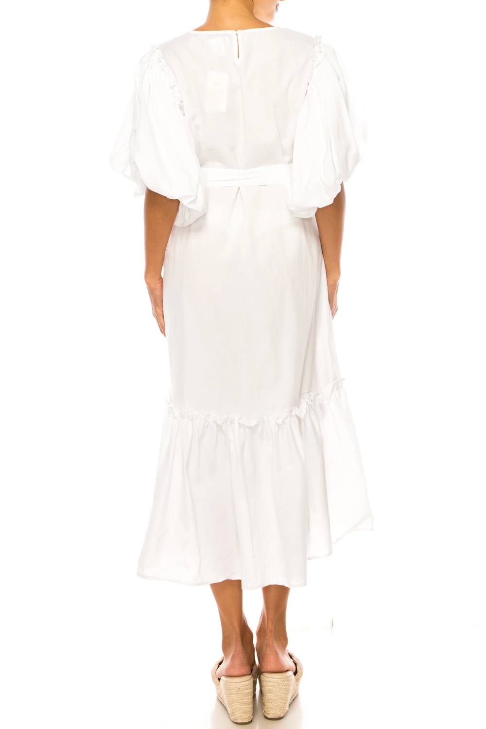 Vivid - Short Puff Sleeve Belted Tiered Skirt Dress