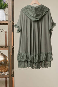 Mello Women's Eyelet Lace Layered Oversized Hooded Top in dusty olive - women's shirt - detail view