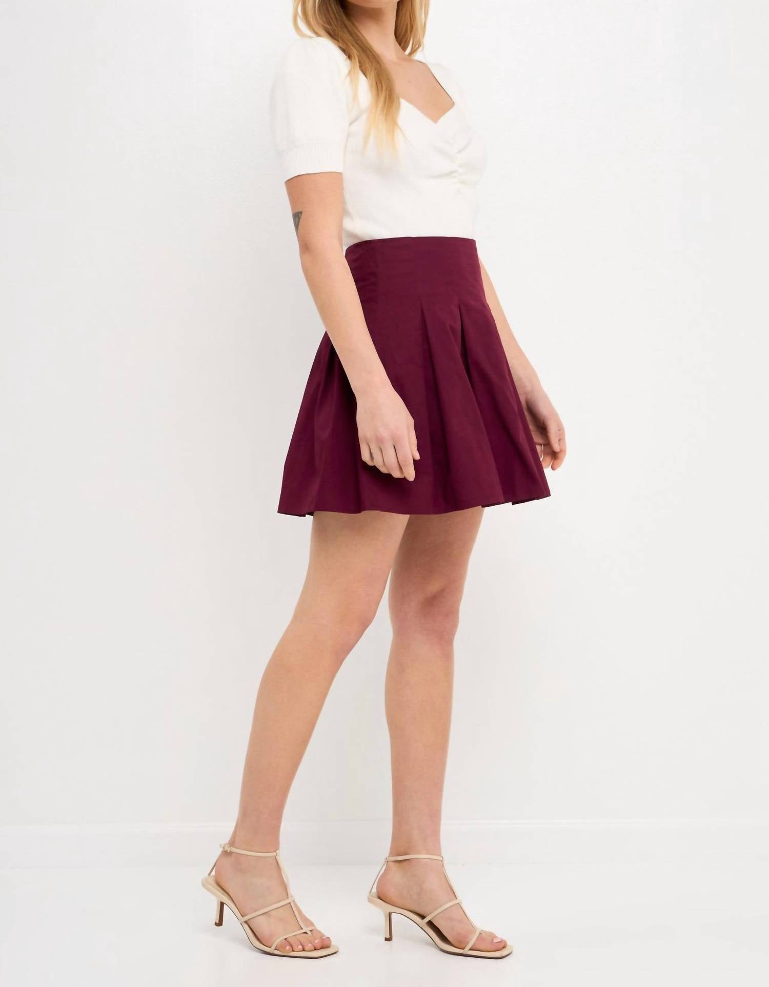 endless rose Pleated Waist Mini Skirt in burgundy - women's skirt - alternate view