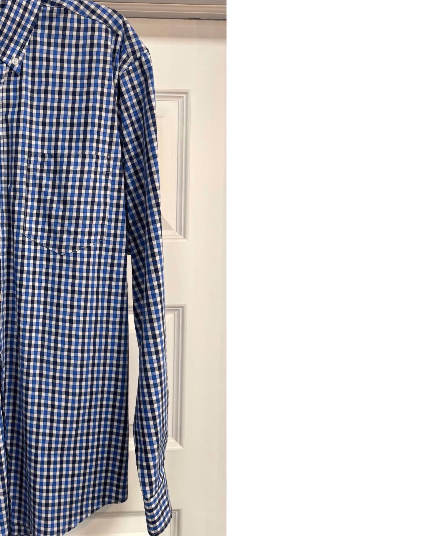 F/X Fusion Men's Long Sleeve Stretch Repeat Match Gingham Shirt in royal navy - men's long sleeve top - detail view