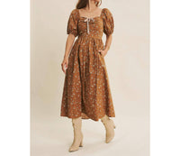 In February - Golden Hour Floral Puff Sleeve Midi Dress With Pockets
