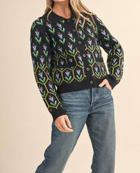&Merci - Floral Knit Collared Sweater Cardigan
