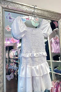 Cheryl Creations Girl's Short Sleeve Satin Smocked Dress in white - kids' dress - detail view