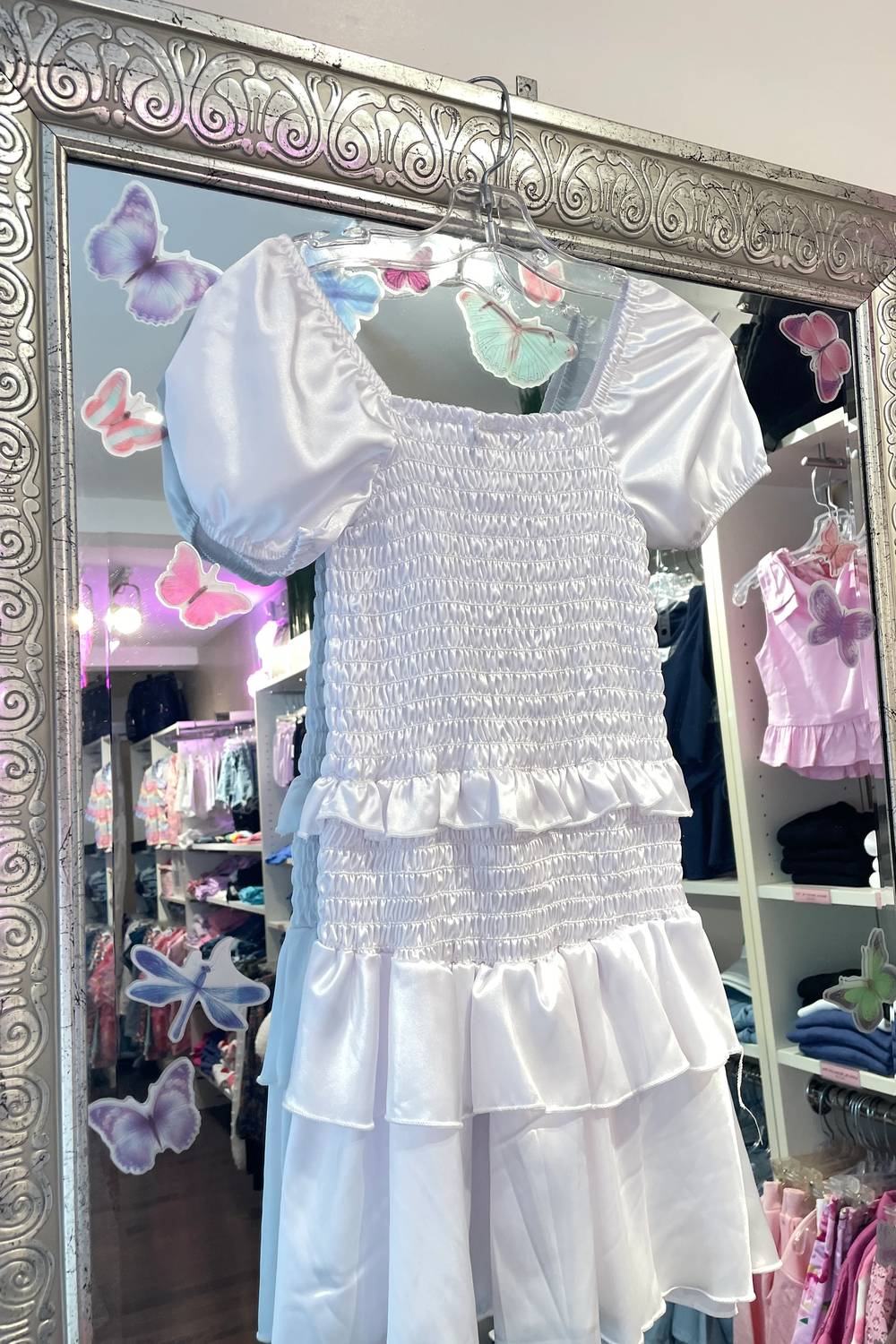 Cheryl Creations Girl's Short Sleeve Satin Smocked Dress in white - kids' dress - detail view
