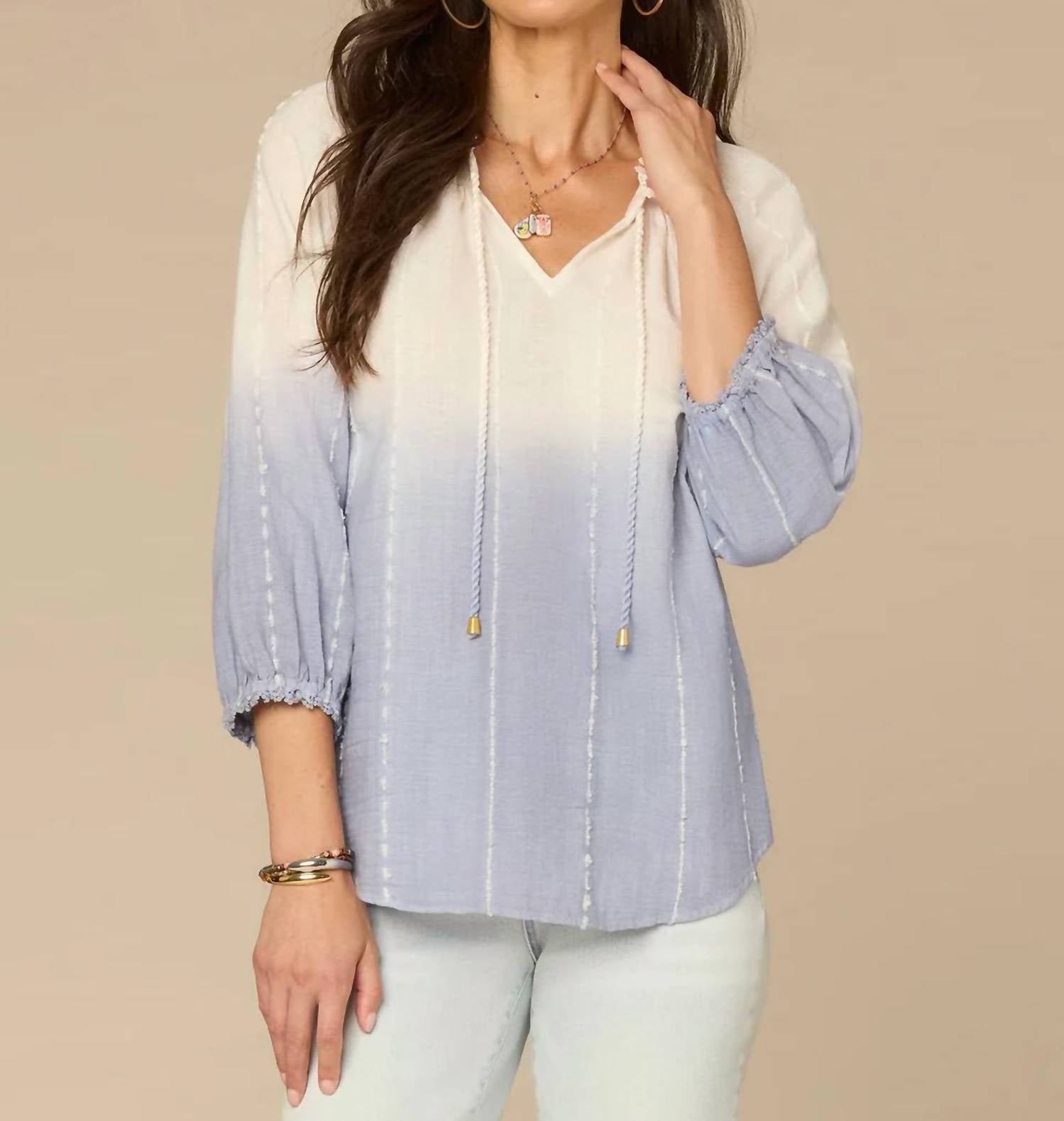 Democracy - Three Quarter Blouson Sleeve Split Neck Ombre Woven Top with Tie