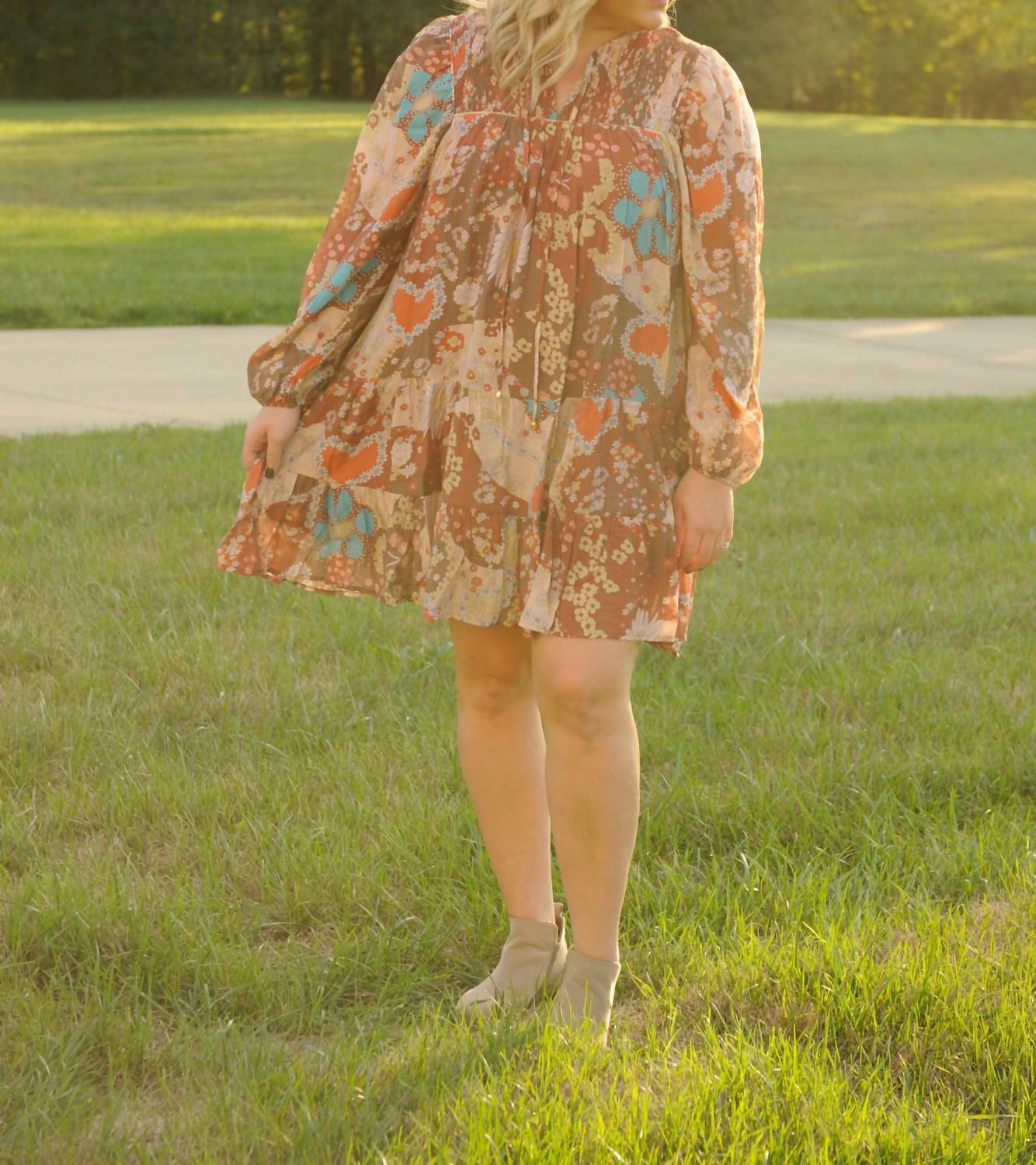 entro Rustic Floral Mini Dress - Plus in brown - women's dress - detail view