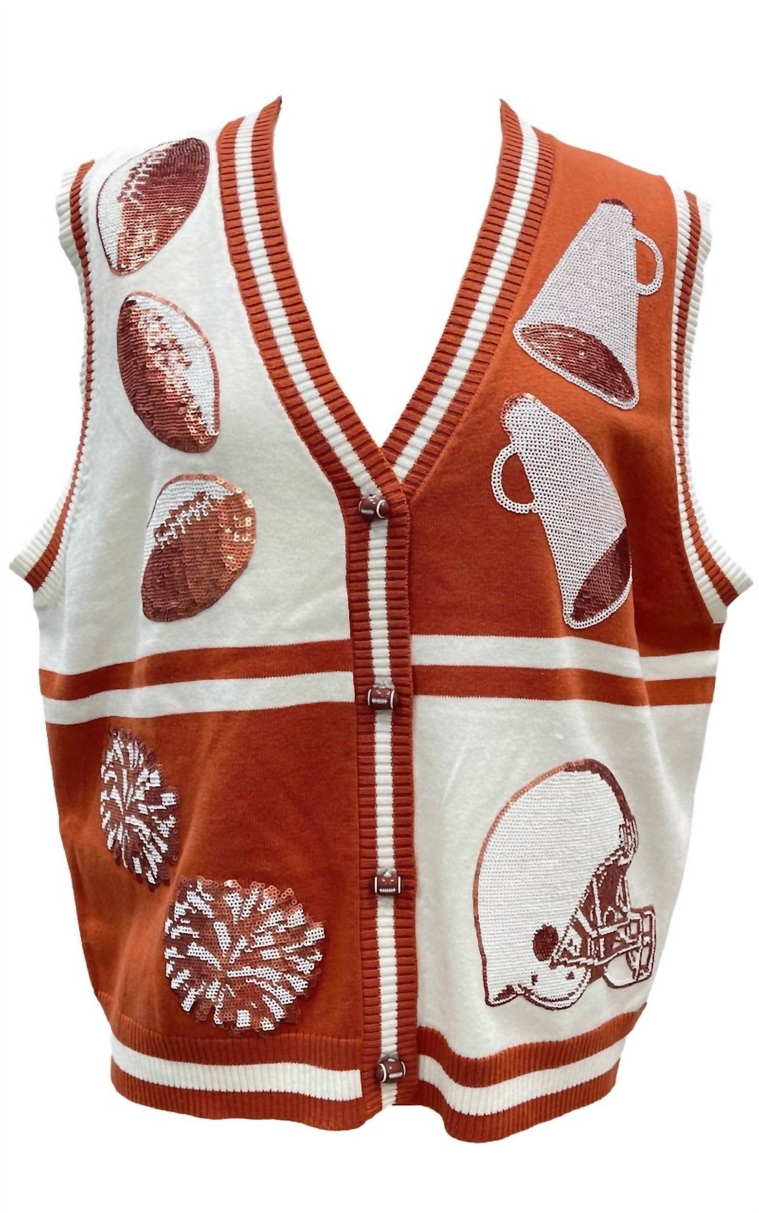 QUEEN OF SPARKLES Colorblock Football Icon Button Up Sweater Vest in burnt orange white - women's jacket - view 5