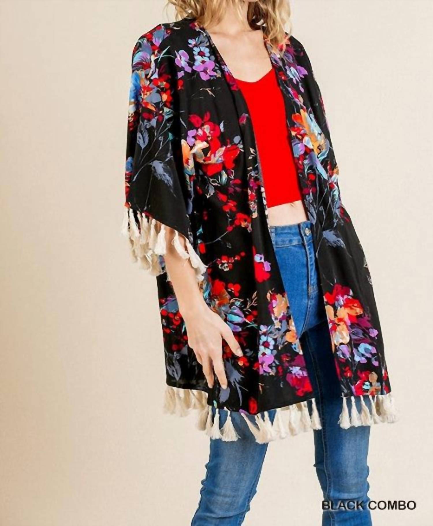Umgee - Floral Frayed Tassel Kimono