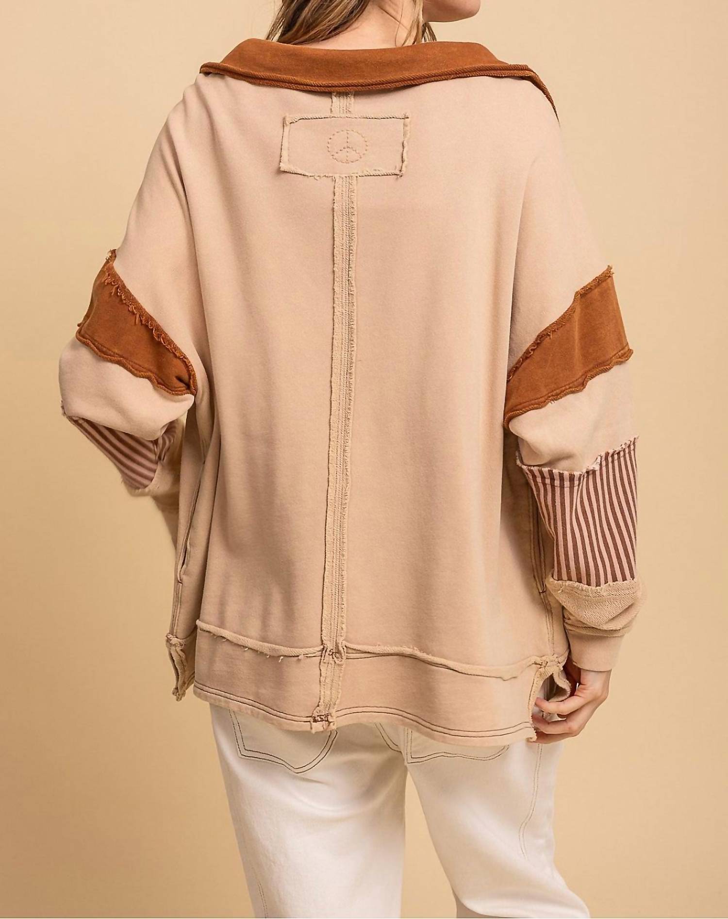 Blue Velvet Relaxed Fit Washed Multi Fabric Collared Top in tan - women's top - alternate view