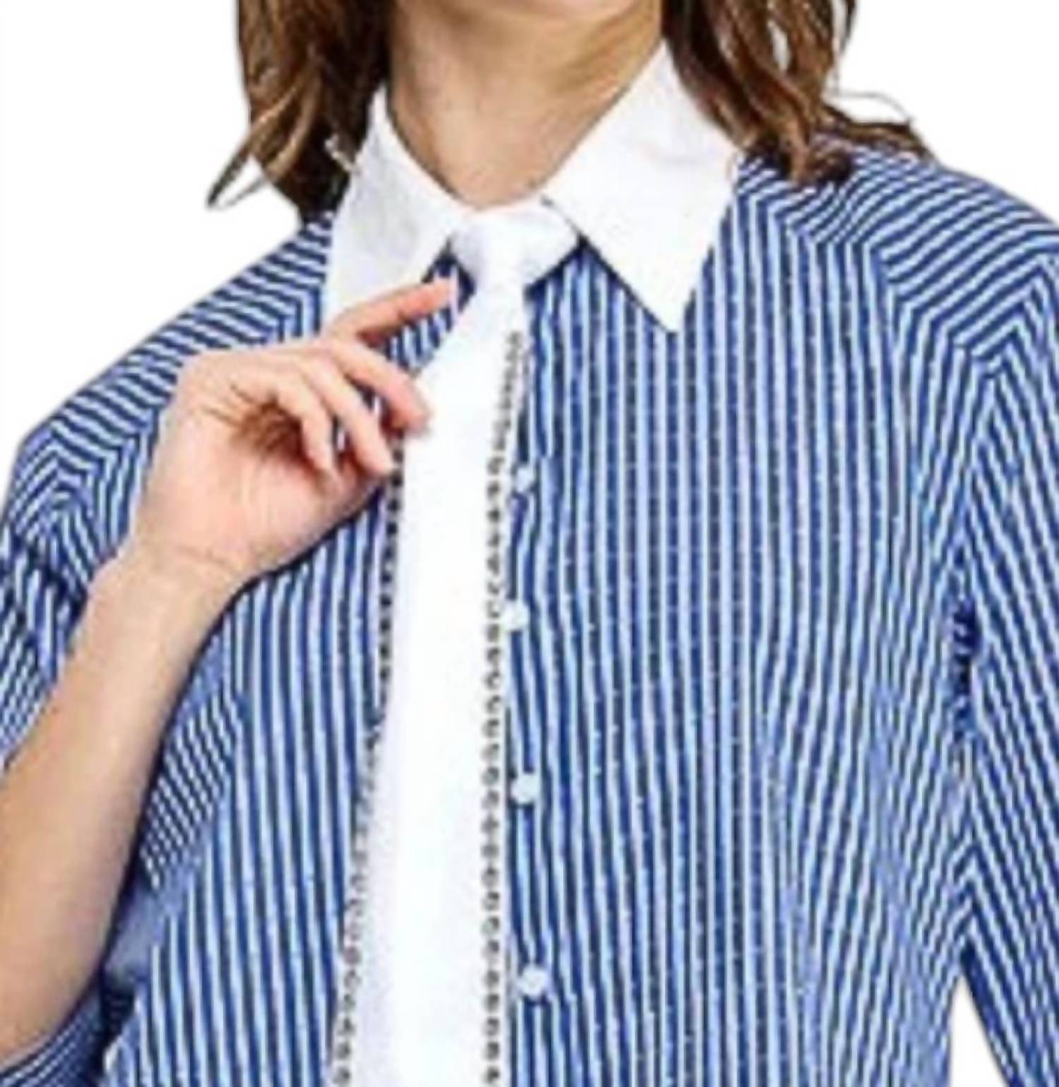 Pastel Design - Roberta Embellished Striped Cropped Shirt With Tie
