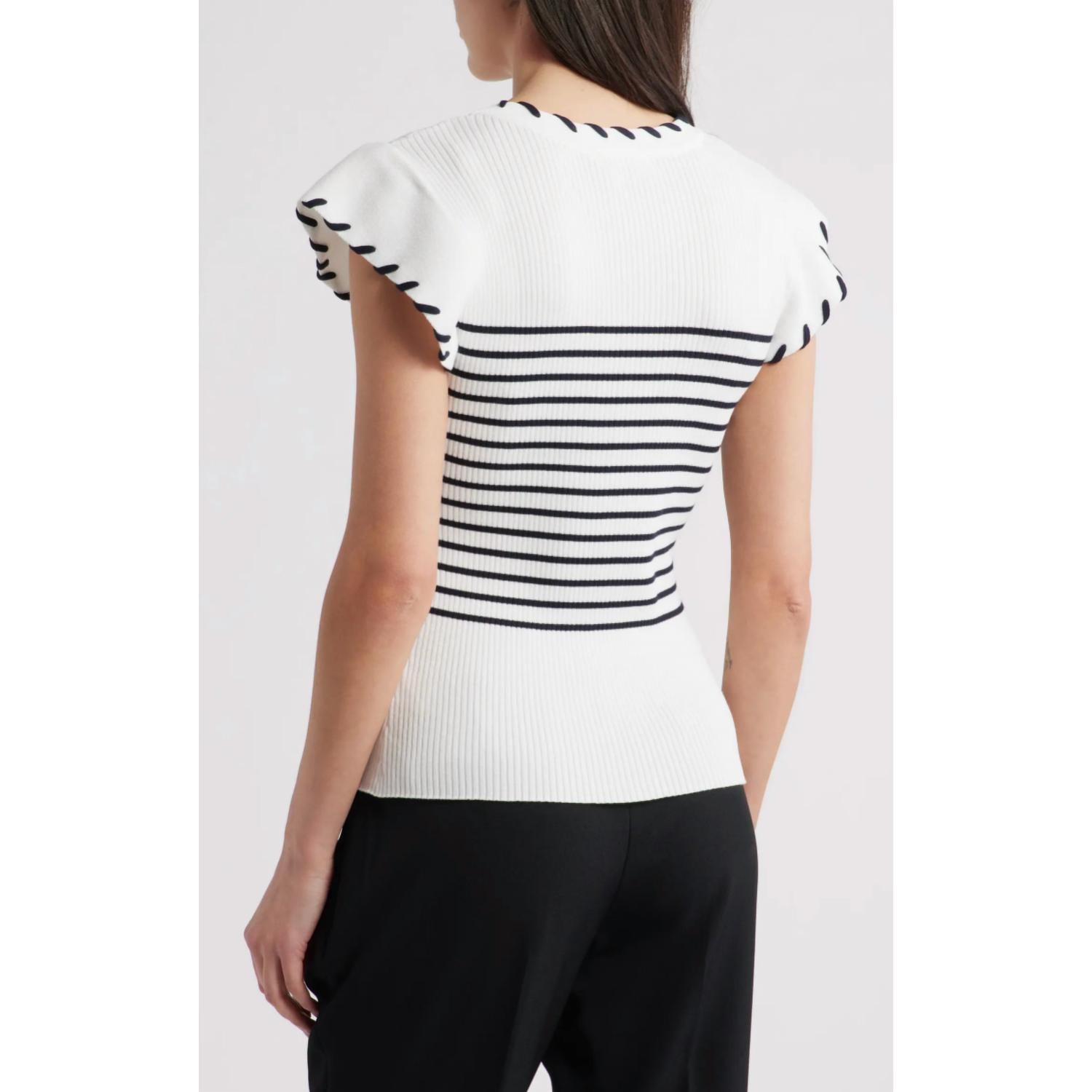 Zoe and Claire Flutter Sleeve Top in navy white - women's blouse - detail view