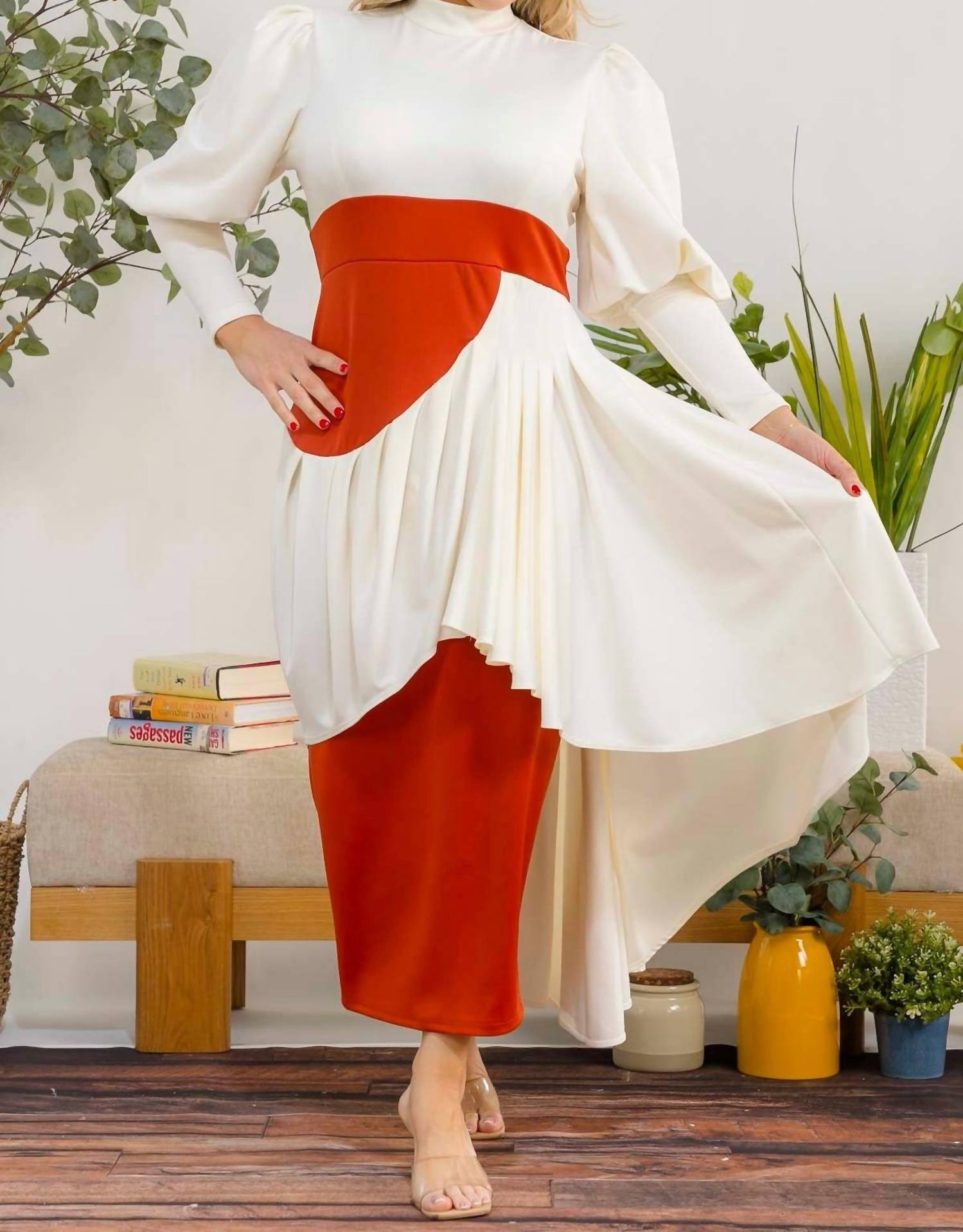 Karen T Design Two-tone Long Sleeve Maxi Dress in brown - women's dress - alternate view