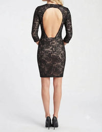 Sue Wong - Ornament Motif 3/4 Sleeve Open-back Dress