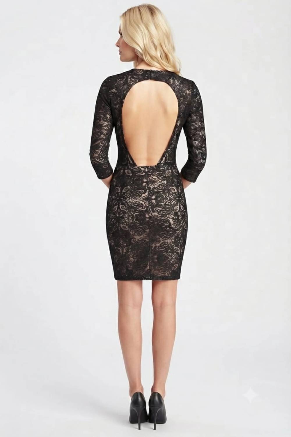 Sue Wong - Ornament Motif 3/4 Sleeve Open-back Dress