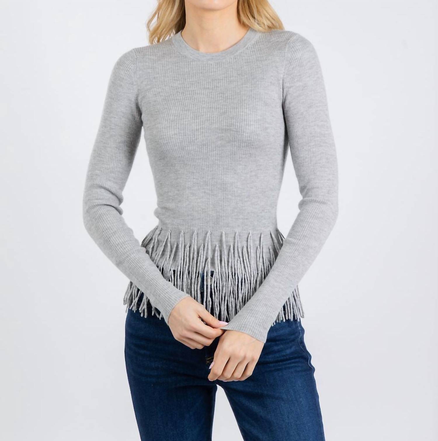 Autumn Cashmere Tiered Fringe Cashmere Rib Sweater in silver - women's sweater