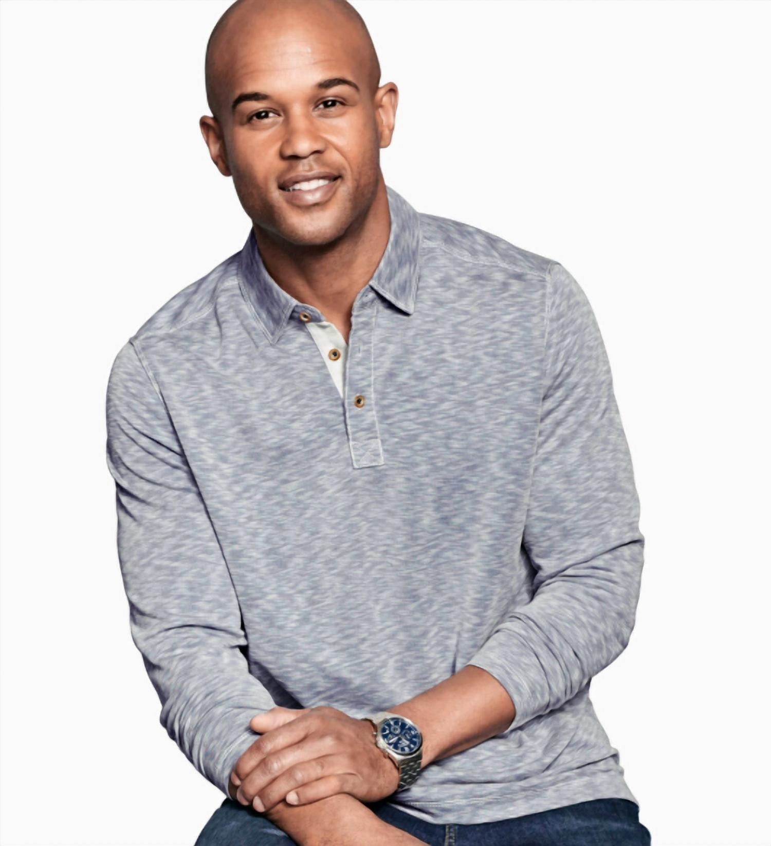 JOHNSTON & MURPHY Vintage Slub Long-Sleeve Polo in indigo - men's shirt - alternate view