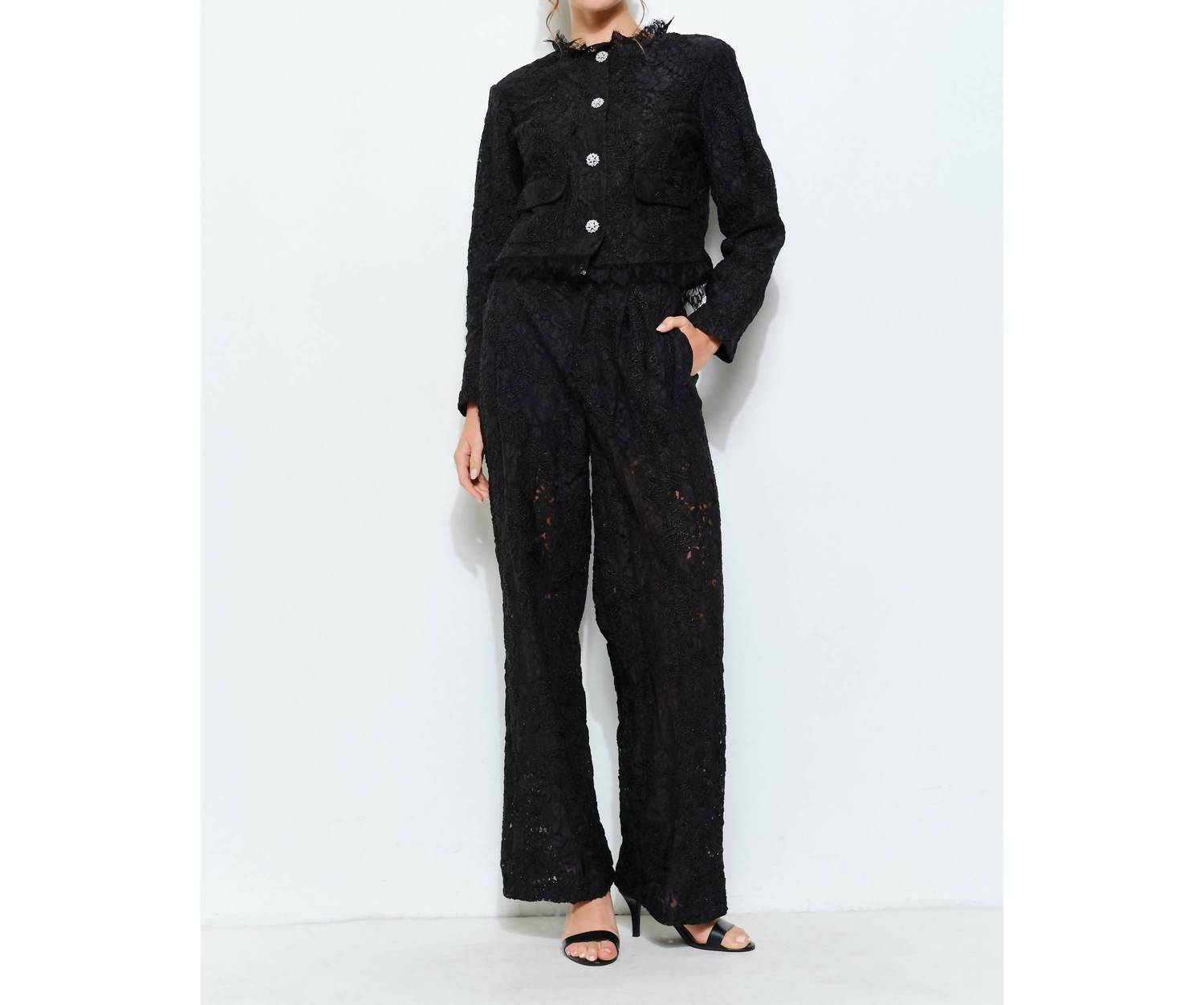 Ina Fashion - Lace Fringe Trim Pearl Button Cropped Jacket