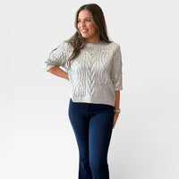 THML Cable Knit Crew Sweater in metallic grey - women's sweater