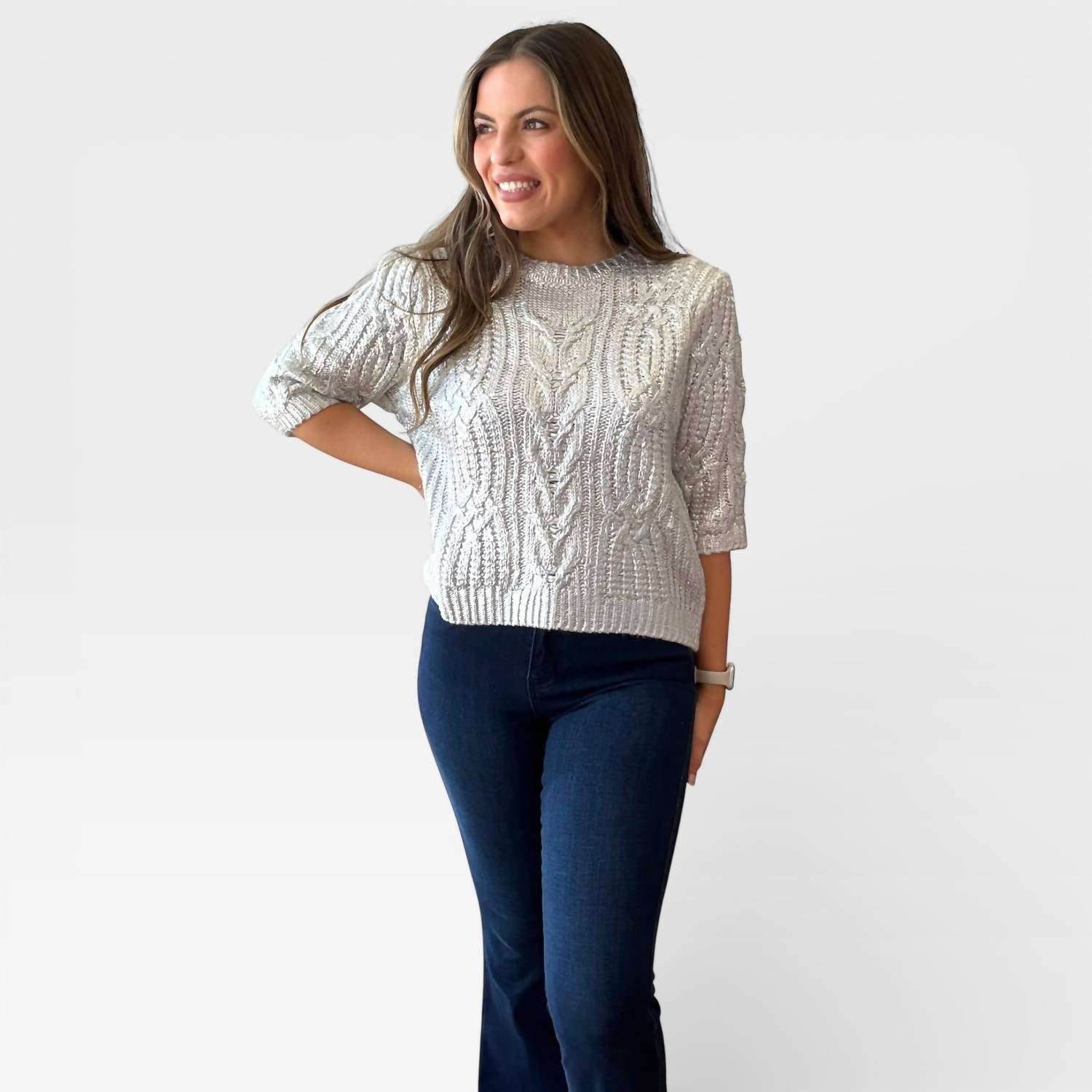 THML Cable Knit Crew Sweater in metallic grey - women's sweater