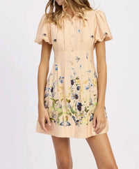 En Saison - Bubble Sleeve Crochet Collar Pleated Border Mini Shirt Dress