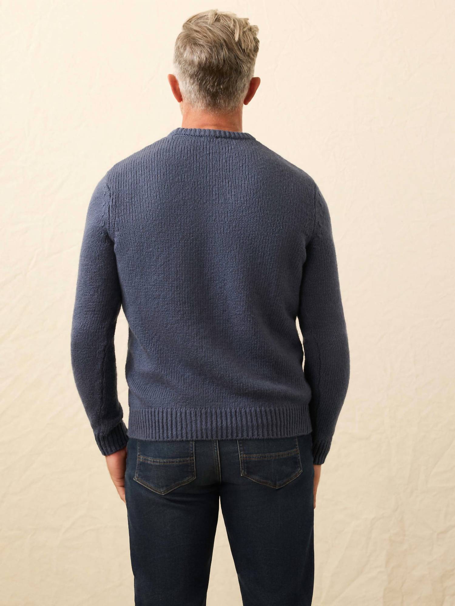 Faherty Heirloom Crew Sweater in navy torch - men's sweater - detail view