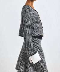 Derek Lam 10 Crosby Sabine Herringbone Knit Cardigan in black white - women's cardigan - detail view