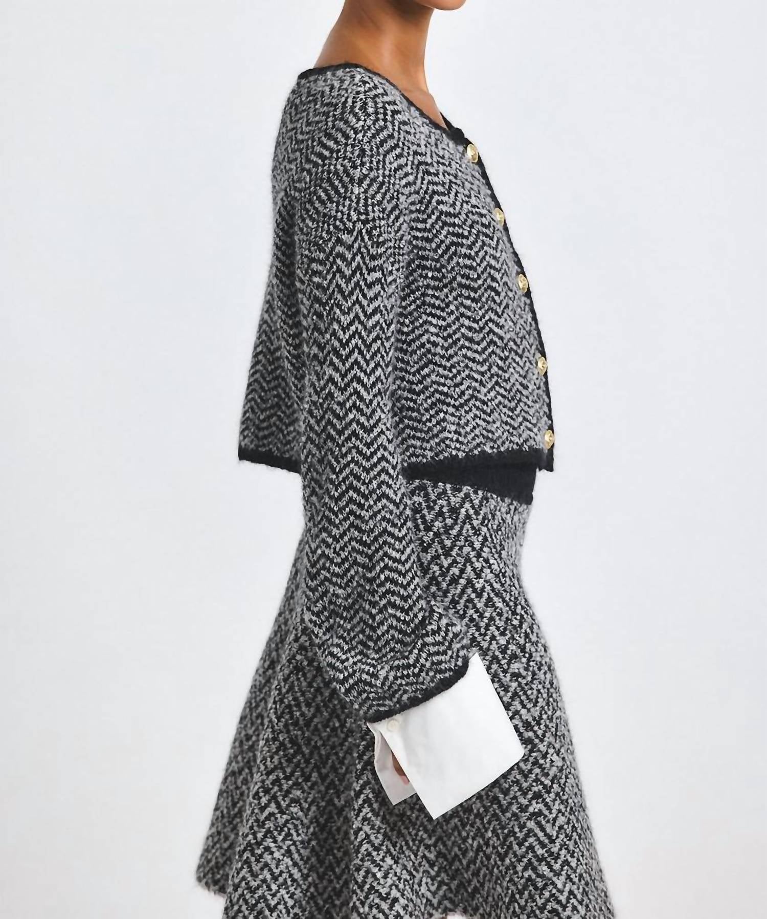Derek Lam 10 Crosby Sabine Herringbone Knit Cardigan in black white - women's cardigan - detail view