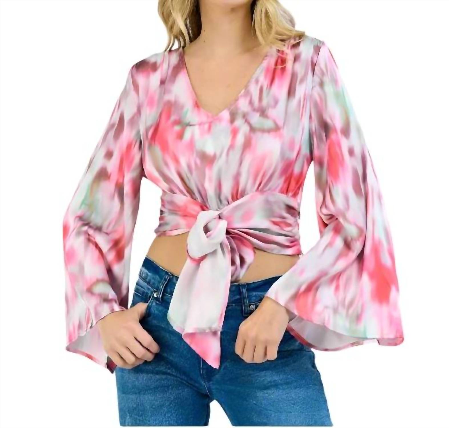 Llove - Bowtie Crop Flare Sleeve Top