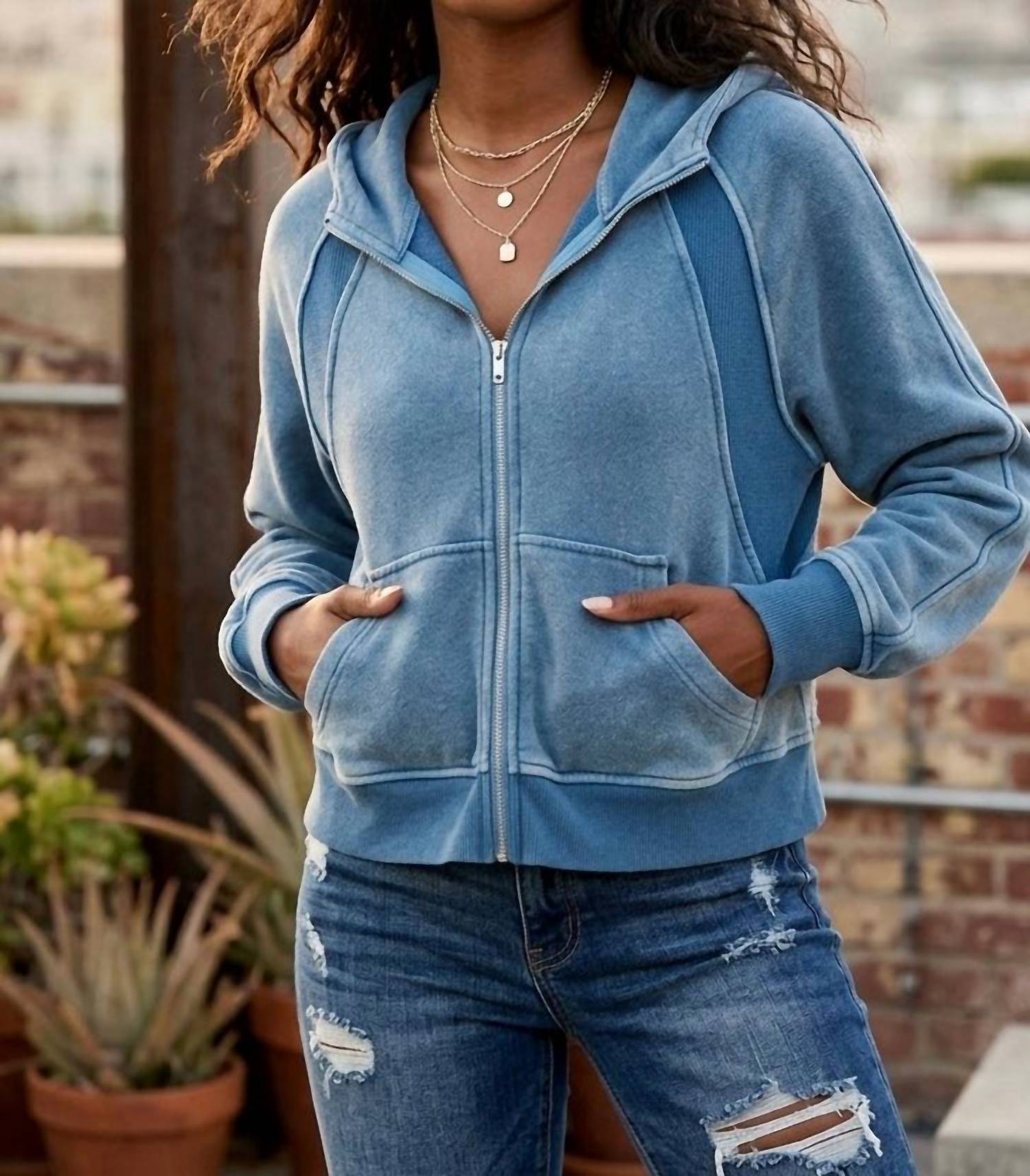 SurelyMine Canyon Vintage Cropped Zip Hoodie in blue - women's top - detail view