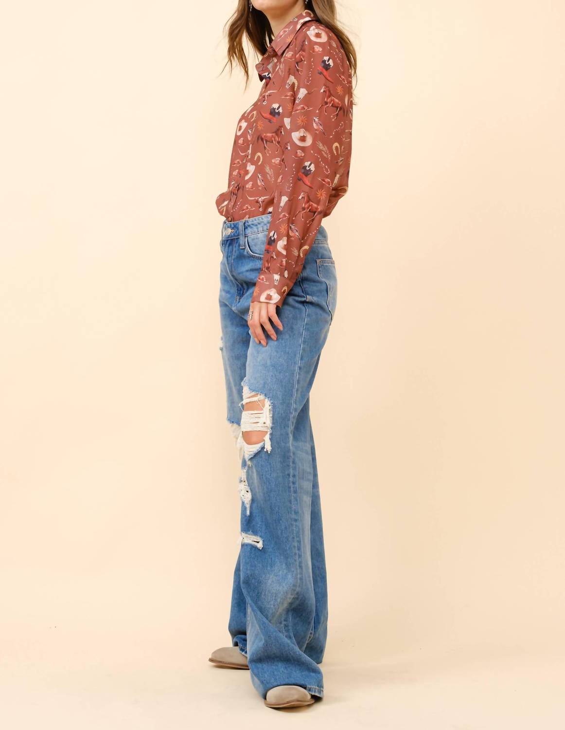 Blue B Western Print Chiffon Button Up Blouse in russet brown - women's blouse - alternate view