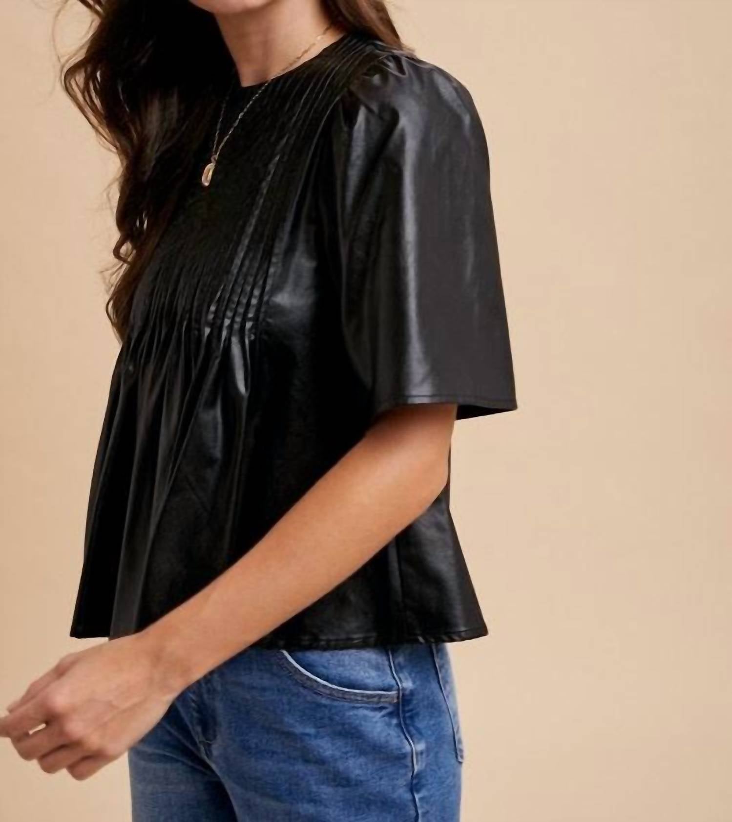 AnnieWear Leather PinTuck Detail Blouse in black - women's blouse - alternate view