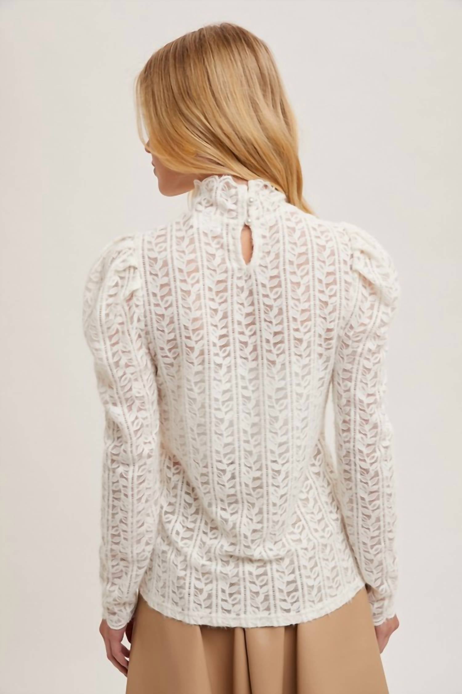 Bluivy - Mock Neck Sheer Lace Top - Ivory