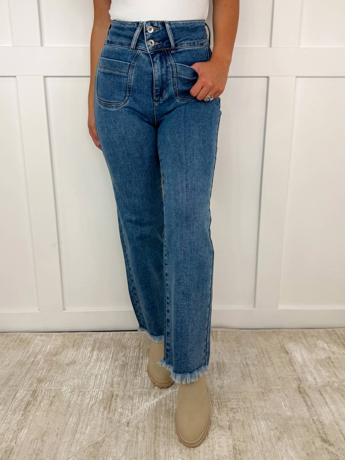 Saige Denim - Marie High-rise Fray Hem Adjustable Quad Button Bootcut Jeans