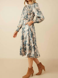 Hayden La - Botanical Print Smocked Bodice Satin Dress