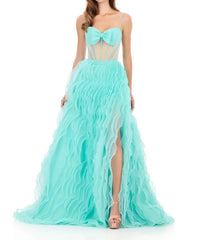 ASHLEYlauren Sweetheart Corset-style Bow Bodice Prom Gown in aqua - women's dress